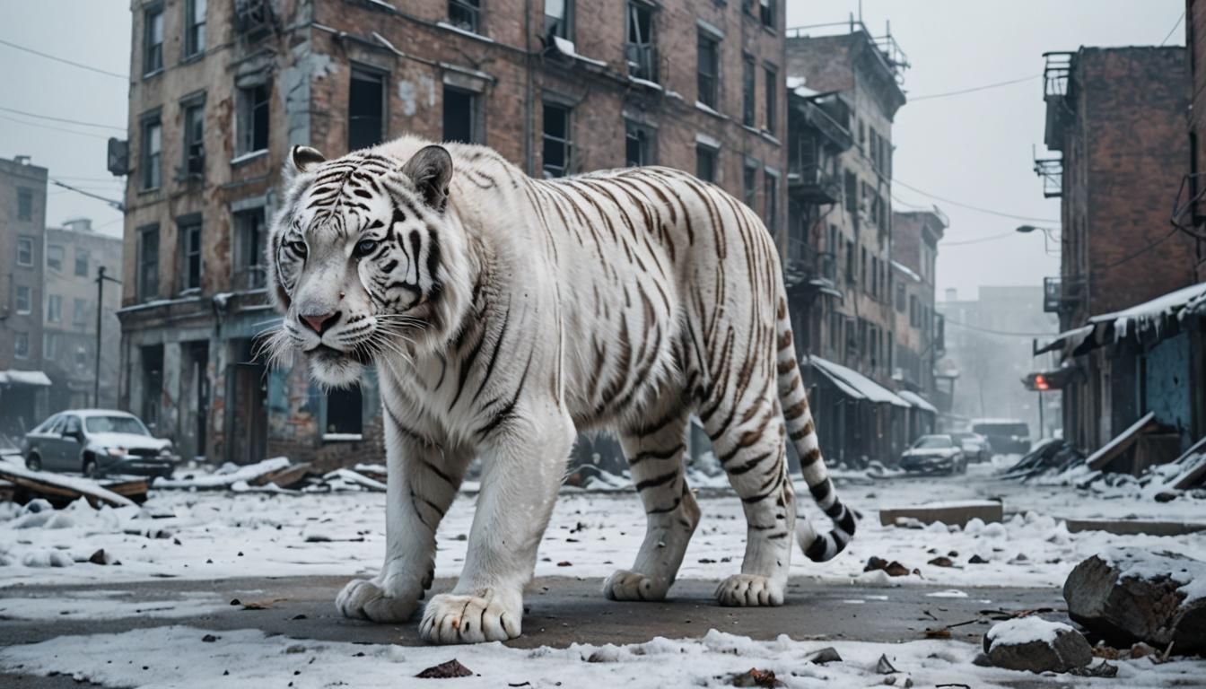 White Tiger Prowls Snowy, Abandoned Cityscape