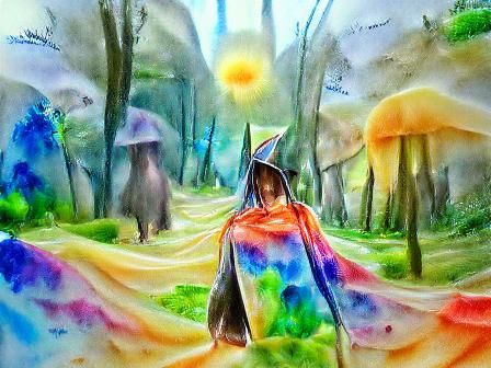 Wizard Walks Forest Path at Sunrise, Surreal Watercolor