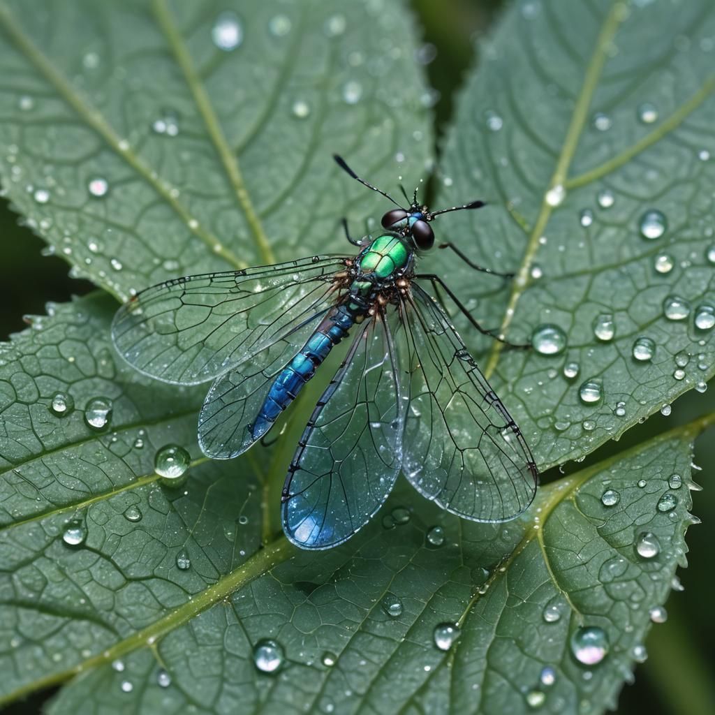 Iridescent Waterfly on Dewy Leaf in Dreamlike Macro