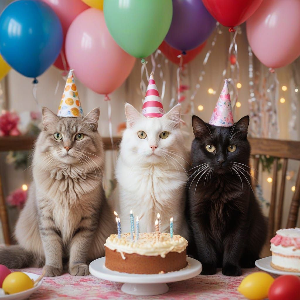 Feline Friends Celebrate in Vibrant Whimsy