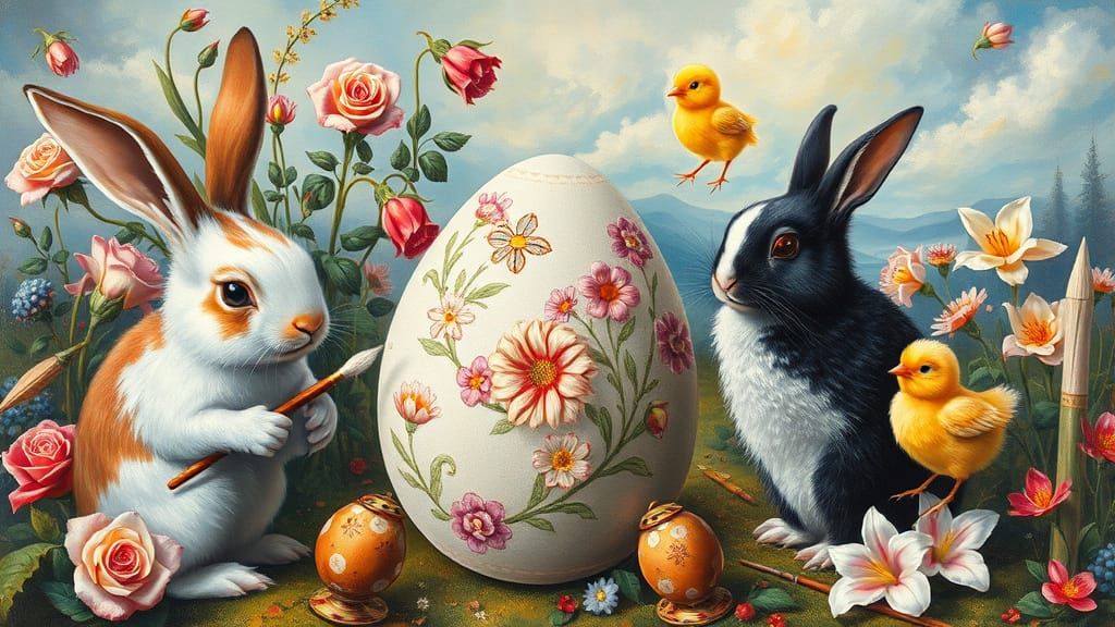 Rabbits and Chicks Painting Easter Eggs, Surreal Style