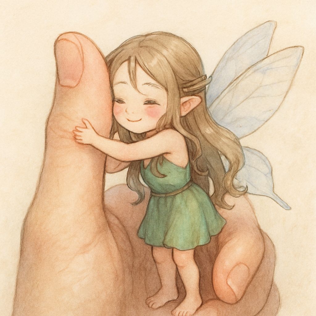 Barefoot Fairy Hugs Giant Girl's Thumb in Anime Style