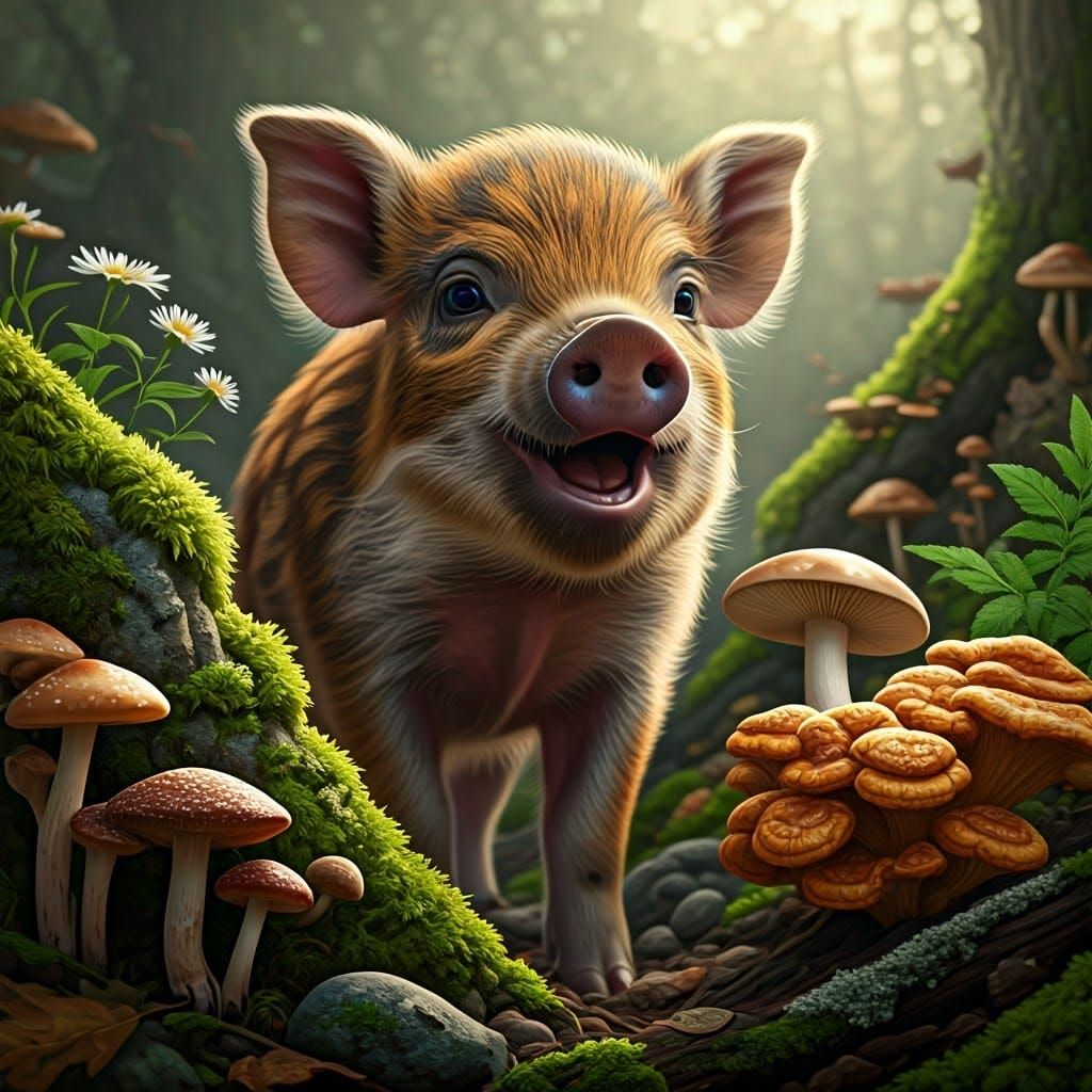 Joyful Wild Piglet Discovers Vibrant Truffles in Forest