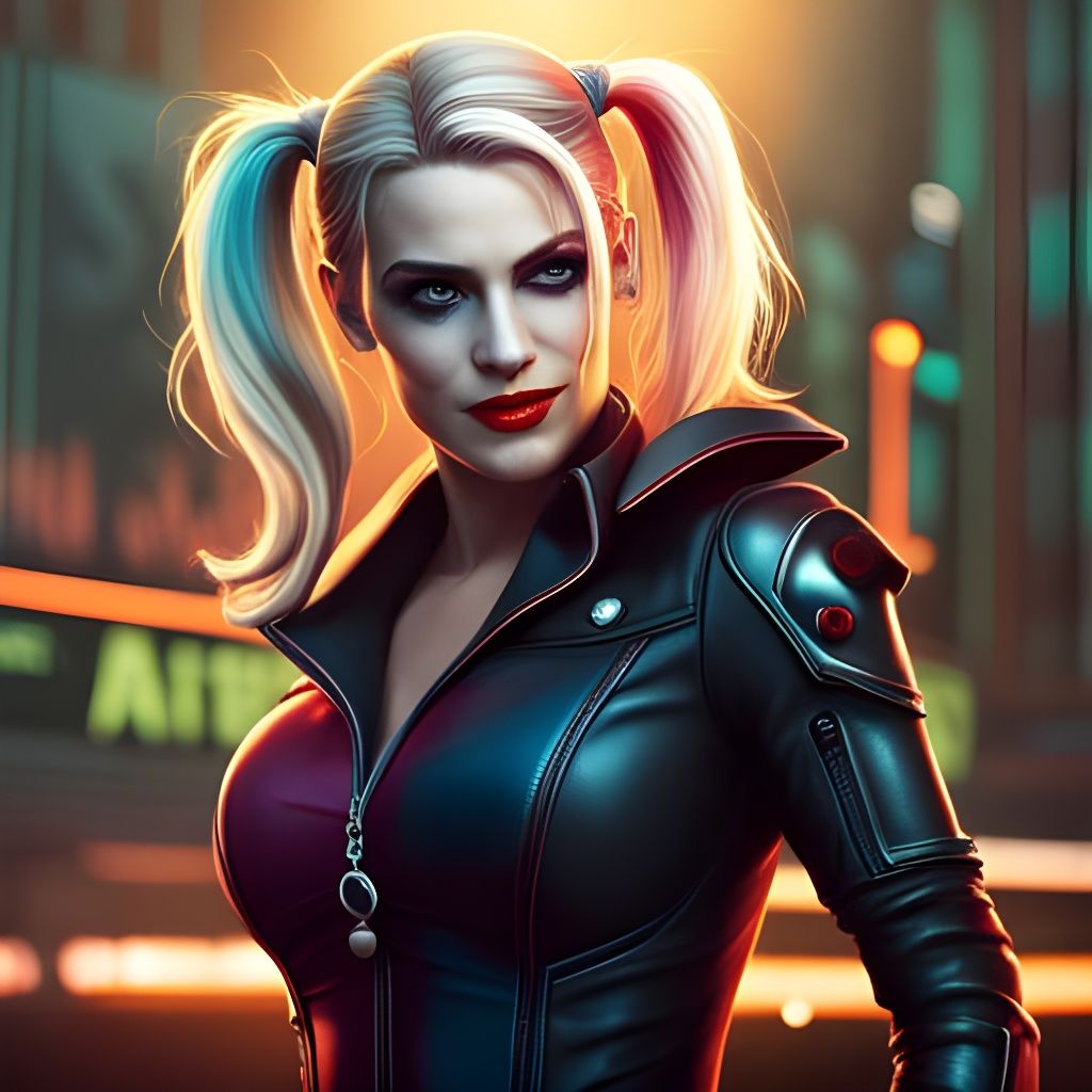Futuristic Harley Quinn Portrait with Fairground Background