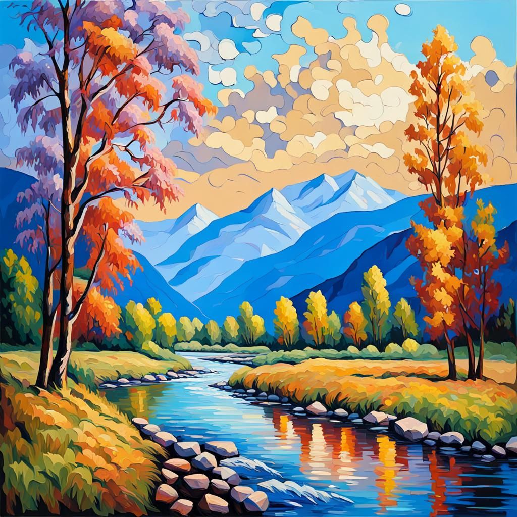 Mountains and River in Neo-Impressionist Style