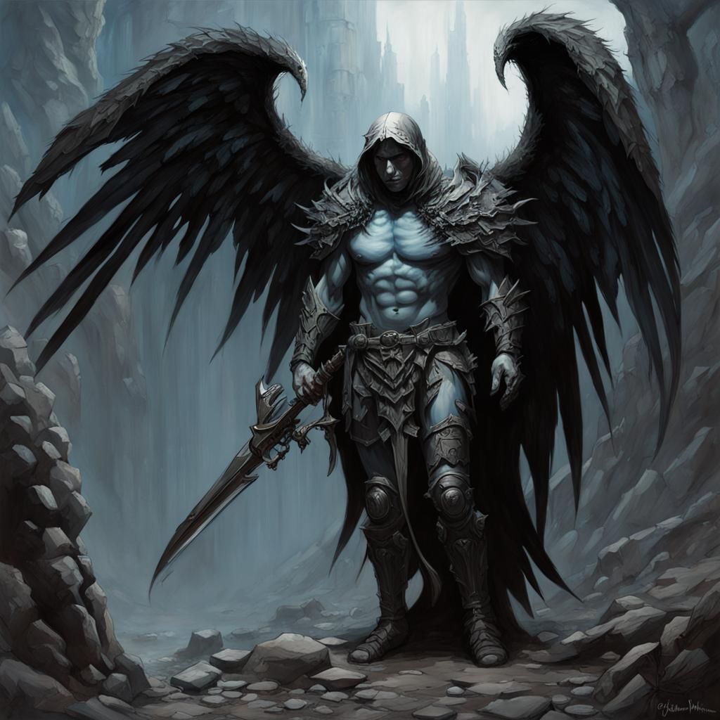 Sinister Gothic Angel in Dark Cave