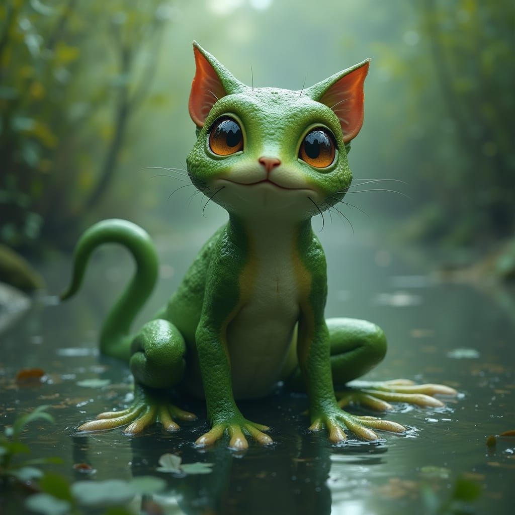 Surreal Cat-Frog Hybrid in Misty Pond