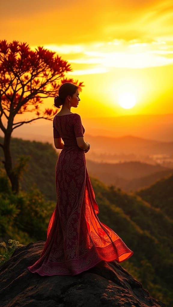 Serenely Standing Woman Amidst Indonesian Sunset