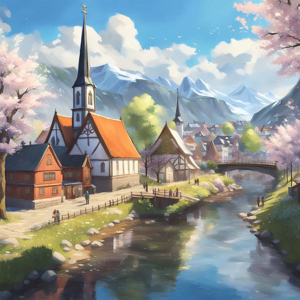 Scandinavian Village: Anime-Inspired Oil Painting
