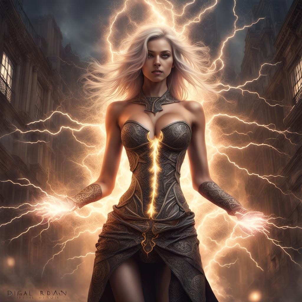 Powerful Lightning Witch Destroys City in Digital Art