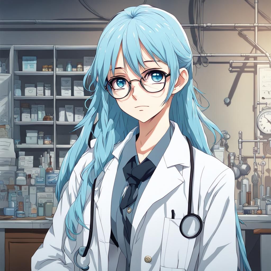 Anime Girl in Lab with Blue Hair