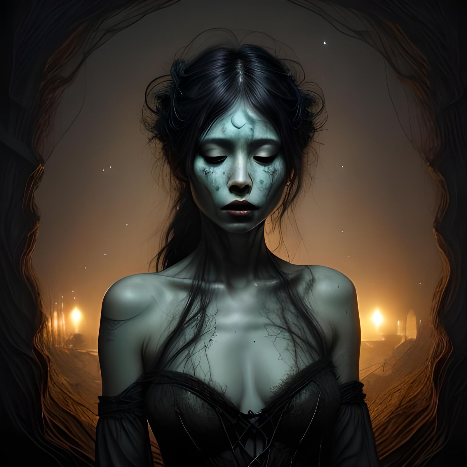 Bioluminescent Android Woman with Sewn Eyes