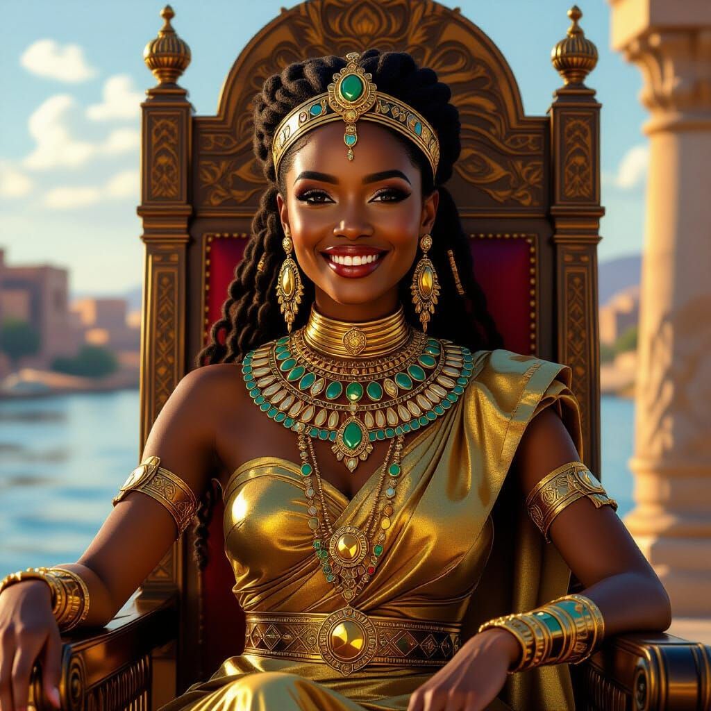 Nubian Queen on Throne: Hyperrealistic Digital Art