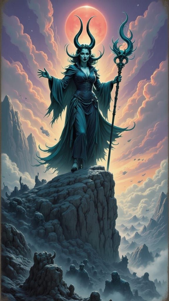 Demonic Witch on Cliff Edge with Glowing Staff