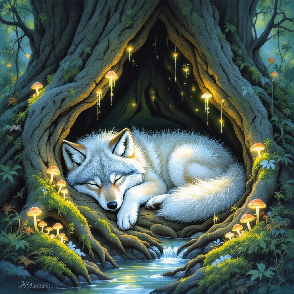 Sleeping Wolf Cub in Moonlit Ancient Tree