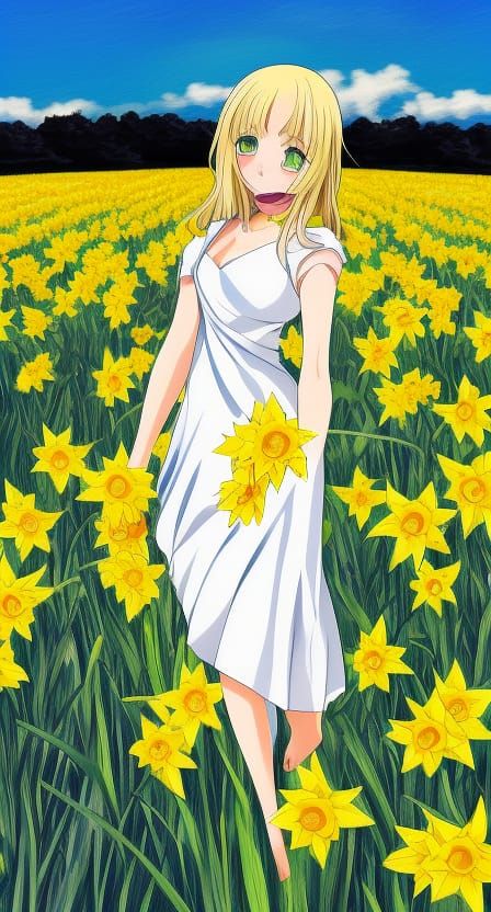 Anime Girl in Daffodil Field Digital Illustration