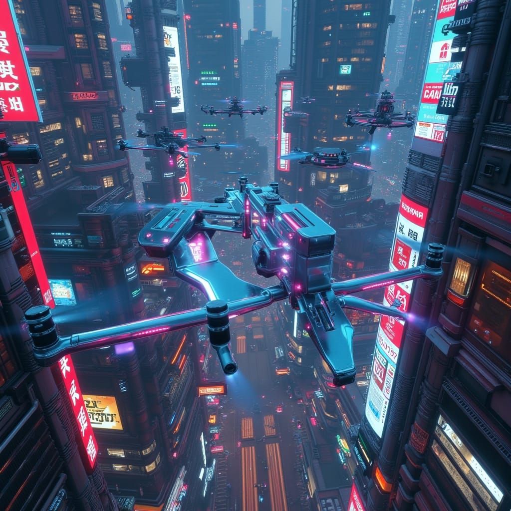 Cyberpunk Drones Over Futuristic City in 2025