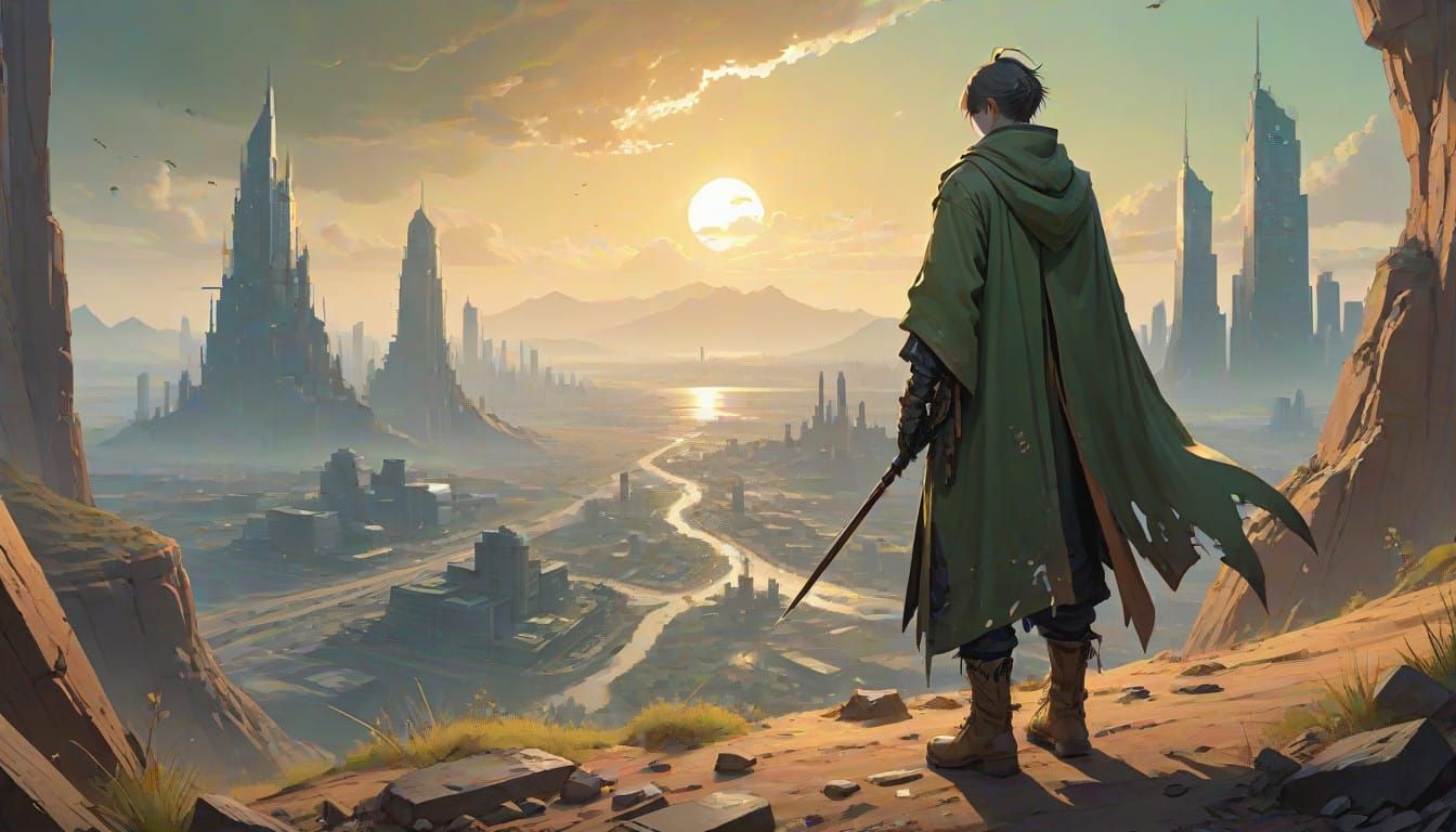 Ethereal Figure Stands Resolute in Desert Oasis, Cyberpunk C...