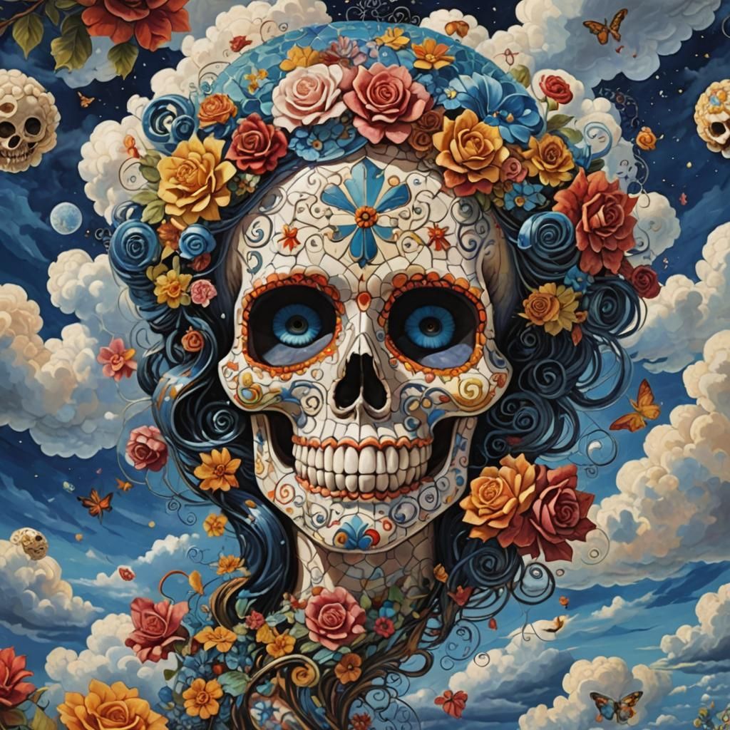 Rococo Mosaic of Floating Sugar Skull