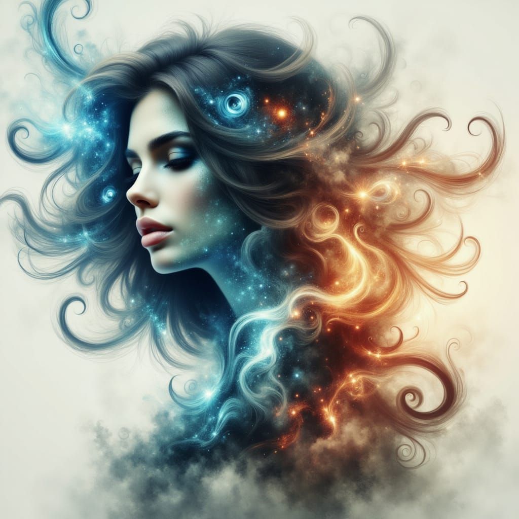 Ethereal Double Exposure Artwork of Serene Woman with Elemen...