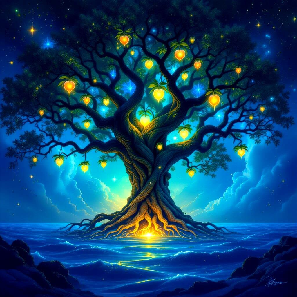 Majestic Cosmic Tree With Ethereal Fruit
