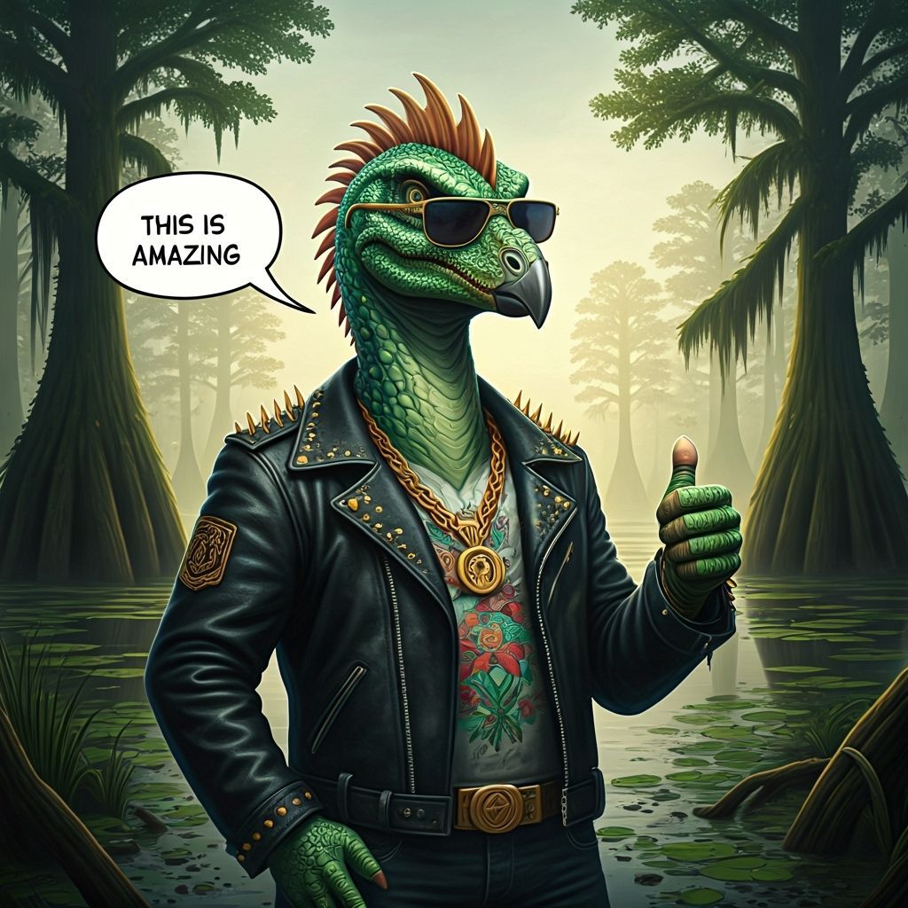 Stegosaurus Gangster Gives Thumbs Up in Swamp