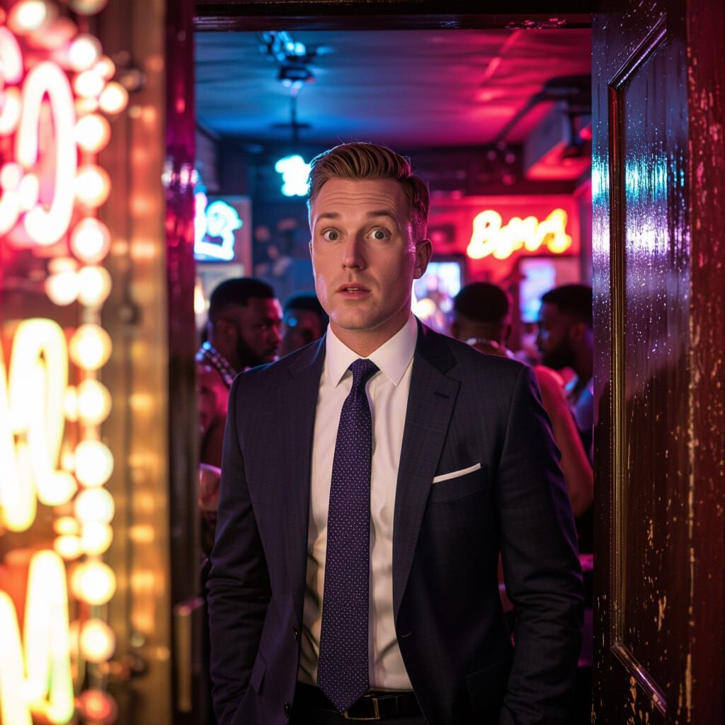 Surprised Businessman in a Vibrant Gay Bar