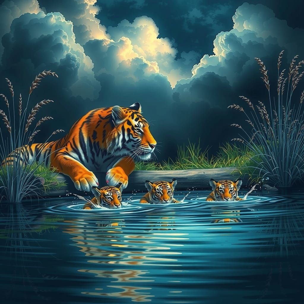 Bengal Tiger Watches Her Cubs Learn to Swim in Serene Pond S...