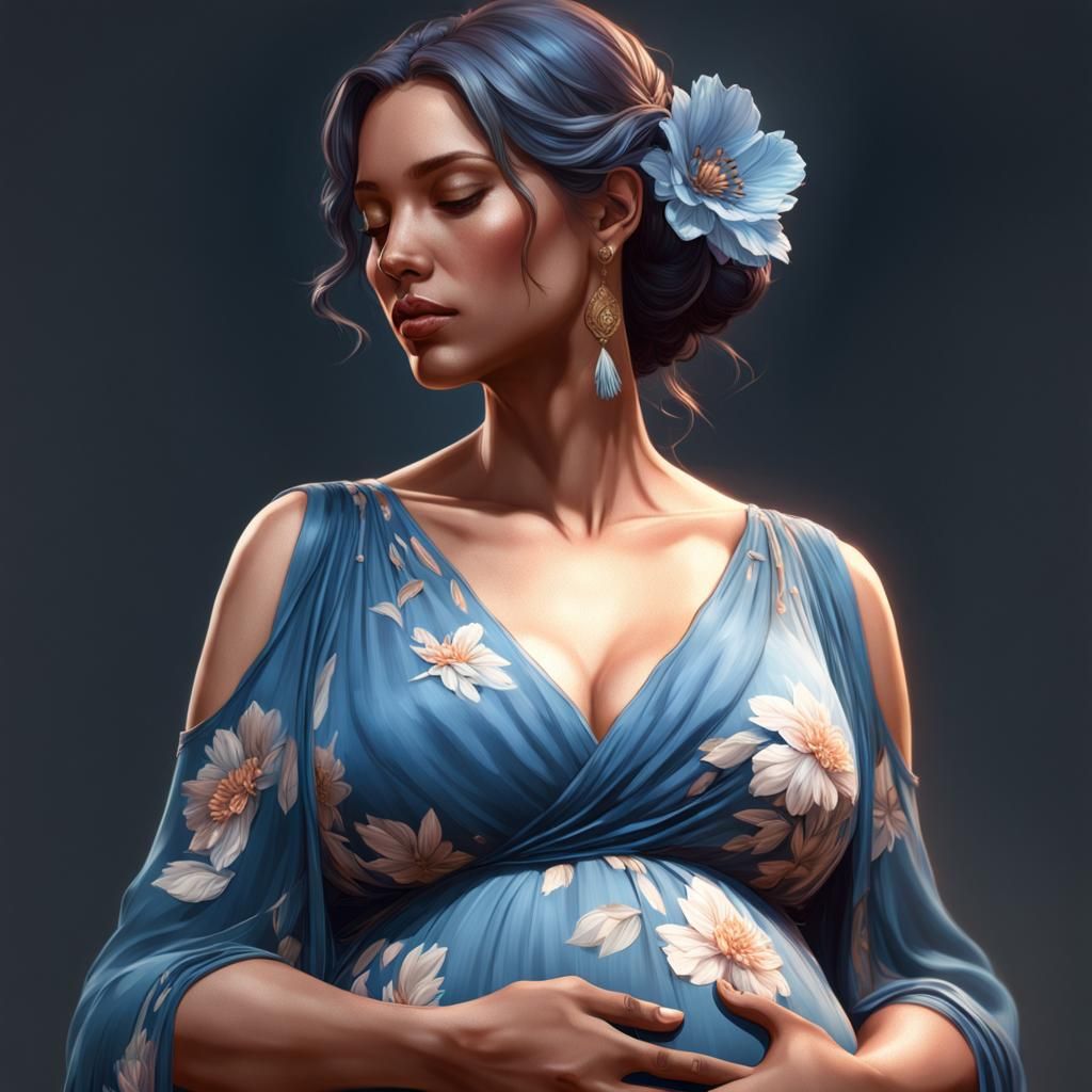 Pregnant Woman in Blue Dress, Hyperdetailed Portrait
