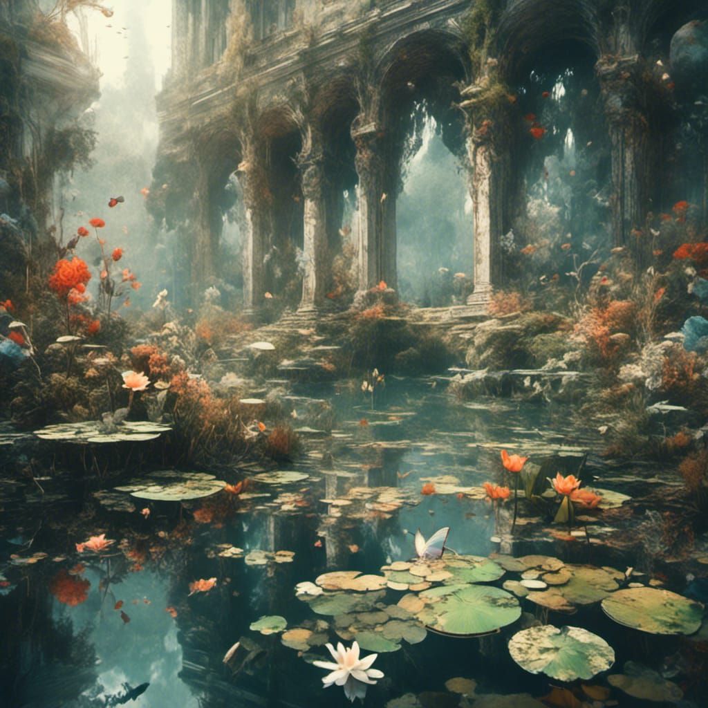 Watercolor Fantasy Pond with Flowers and Butterflies