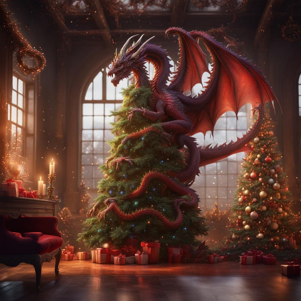 Festive Dragon Decorates Christmas Tree: Fantasy Art