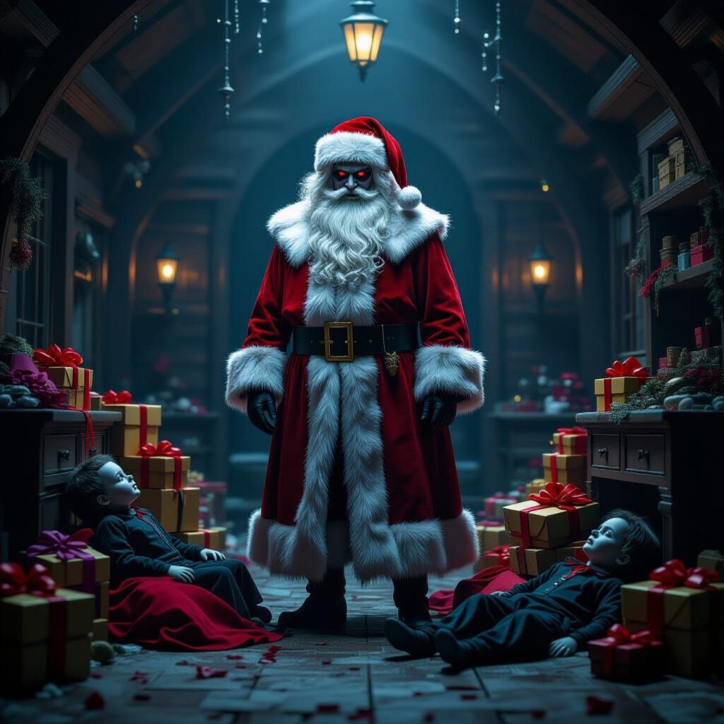 Santa Satan Vampire in Dark Workshop