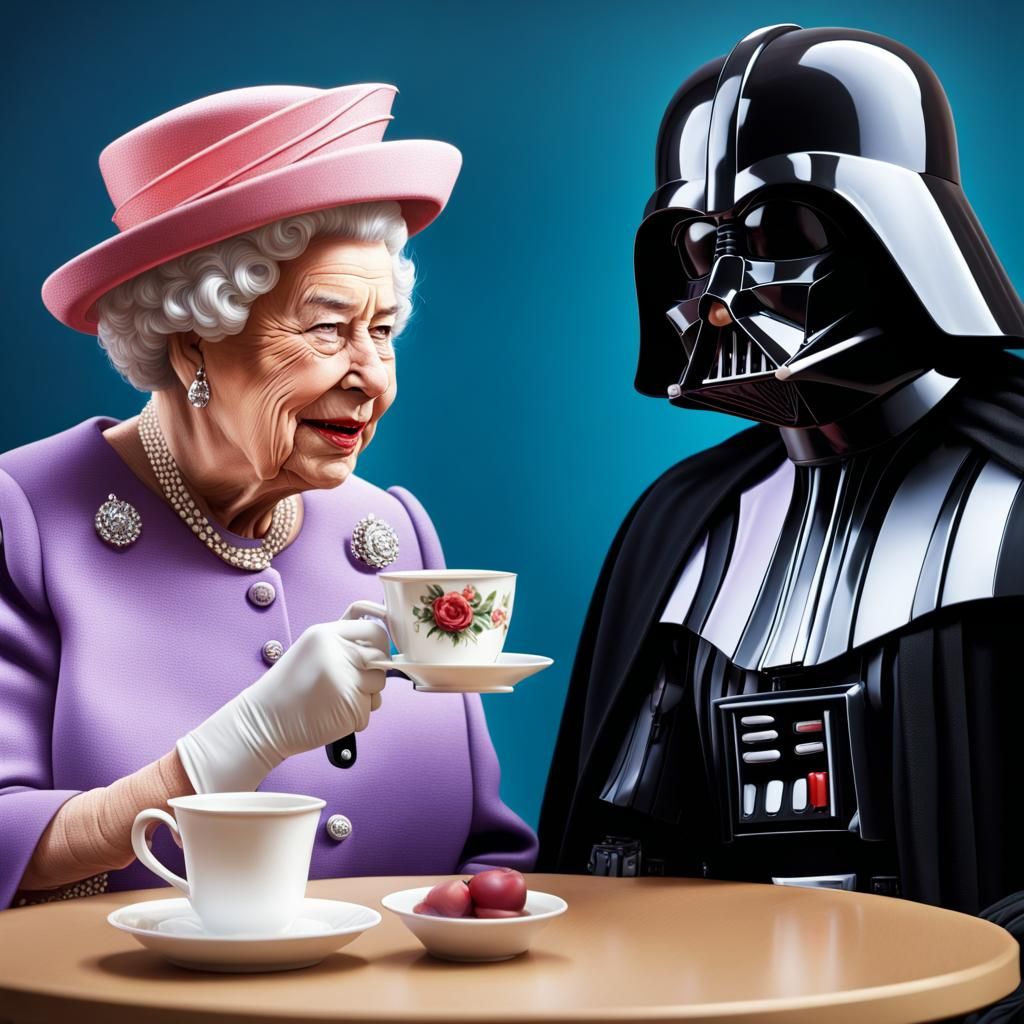 Queen Elizabeth II and Darth Vader having Tea