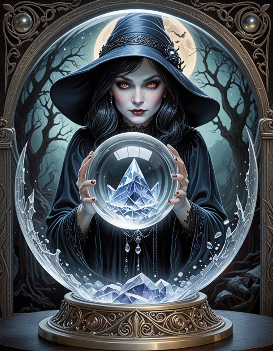 Surreal Art Deco Witch Meditates in a Dreamlike Crystal Ball