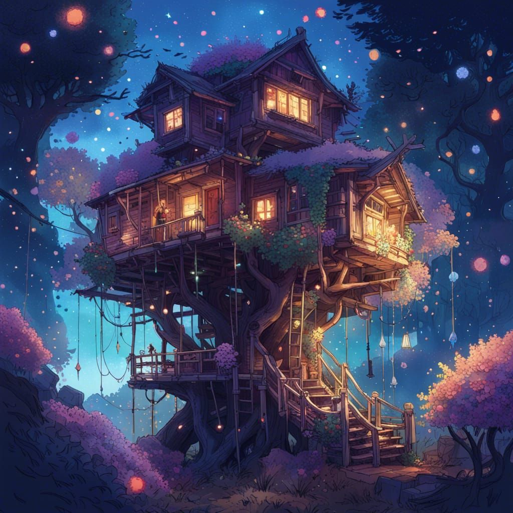 Magical Star Treehouse at Night