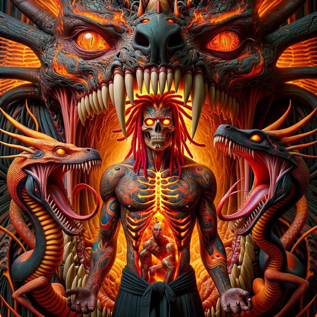 Demonic Anubis Battles Skeletal Dragon with Giant Monster He...