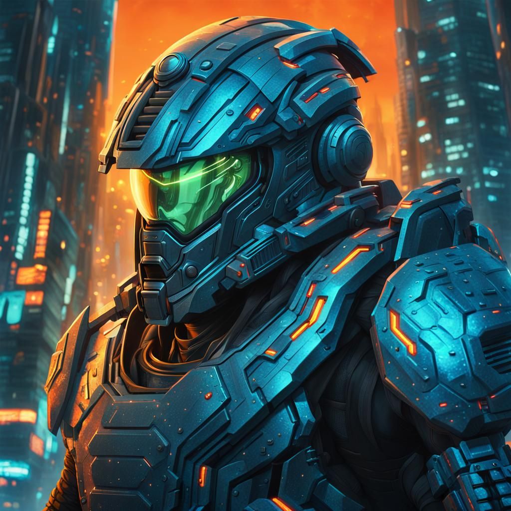 Futuristic Warrior in Neon Cityscape, Sci-Fi Fantasy