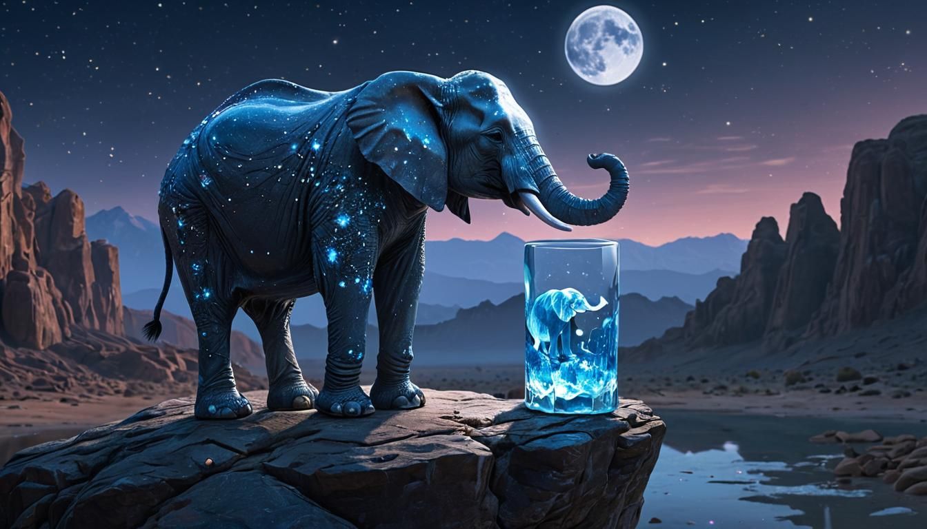 Crystal Elephant on Desert Outcrop in Anime Style