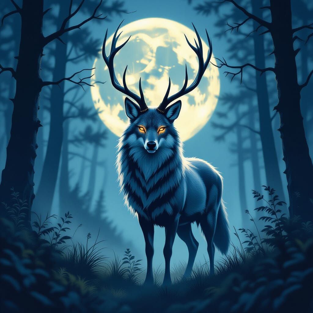 Majestic Deer-Wolf Hybrid in Moonlit Forest