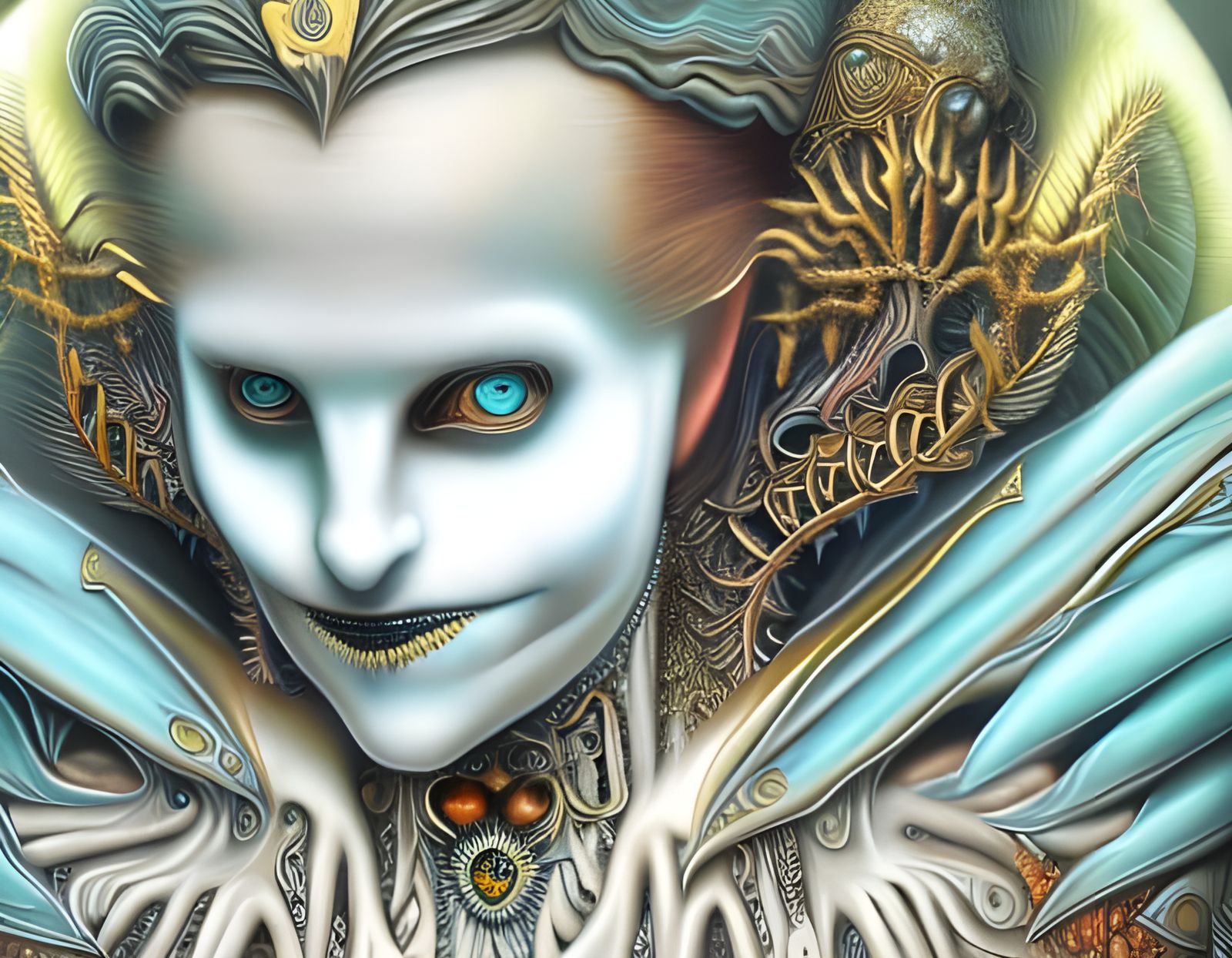 Creepy Smiling Hobbit in Sci-Fi Art Nouveau Style