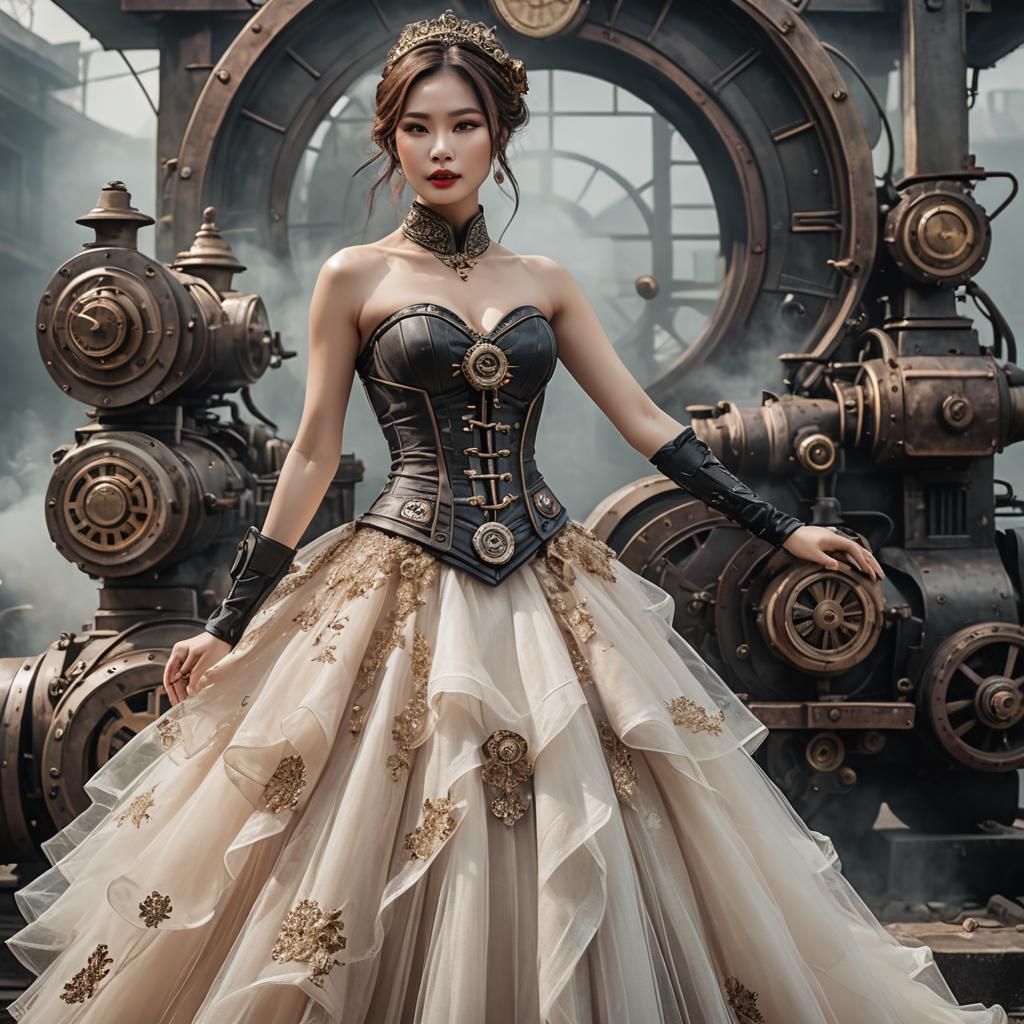 Vietnamese Model with Enchanted Aura in Steampunk Style