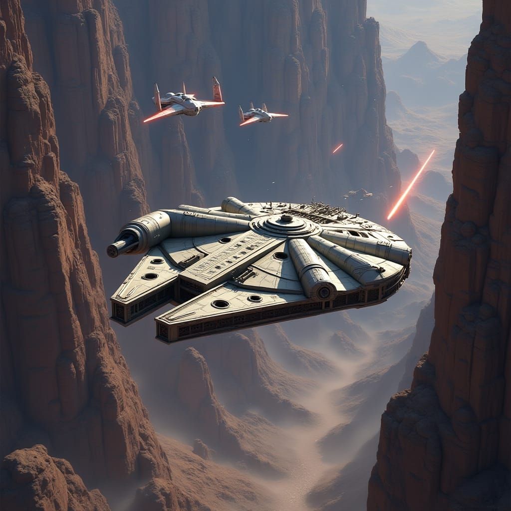 Millennium Falcon Chase over Rocky Planet