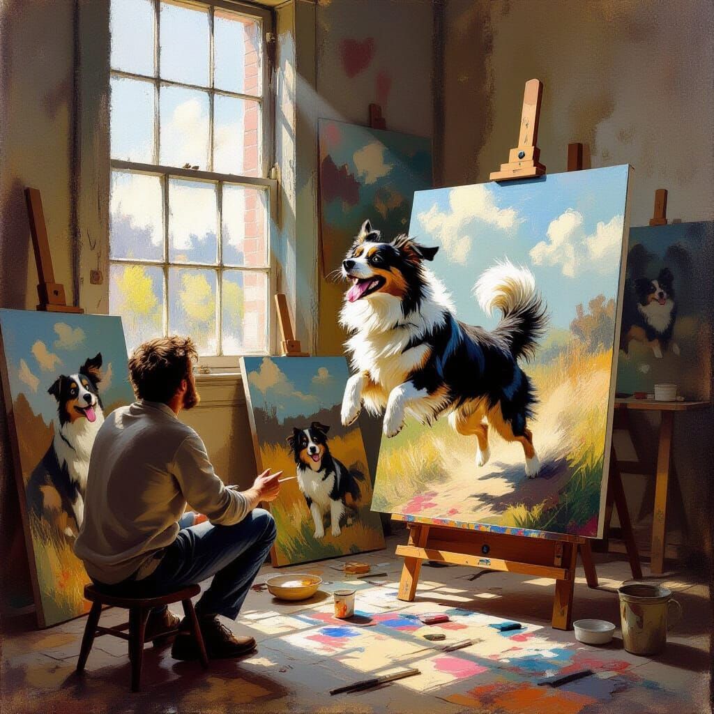 Dog Leaps From Canvas in Surreal Oil Painting