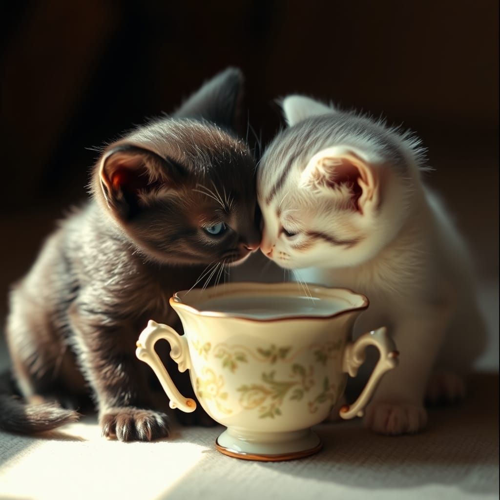 Two Adorable Kittens Share Milk in Cinematic Lighting
