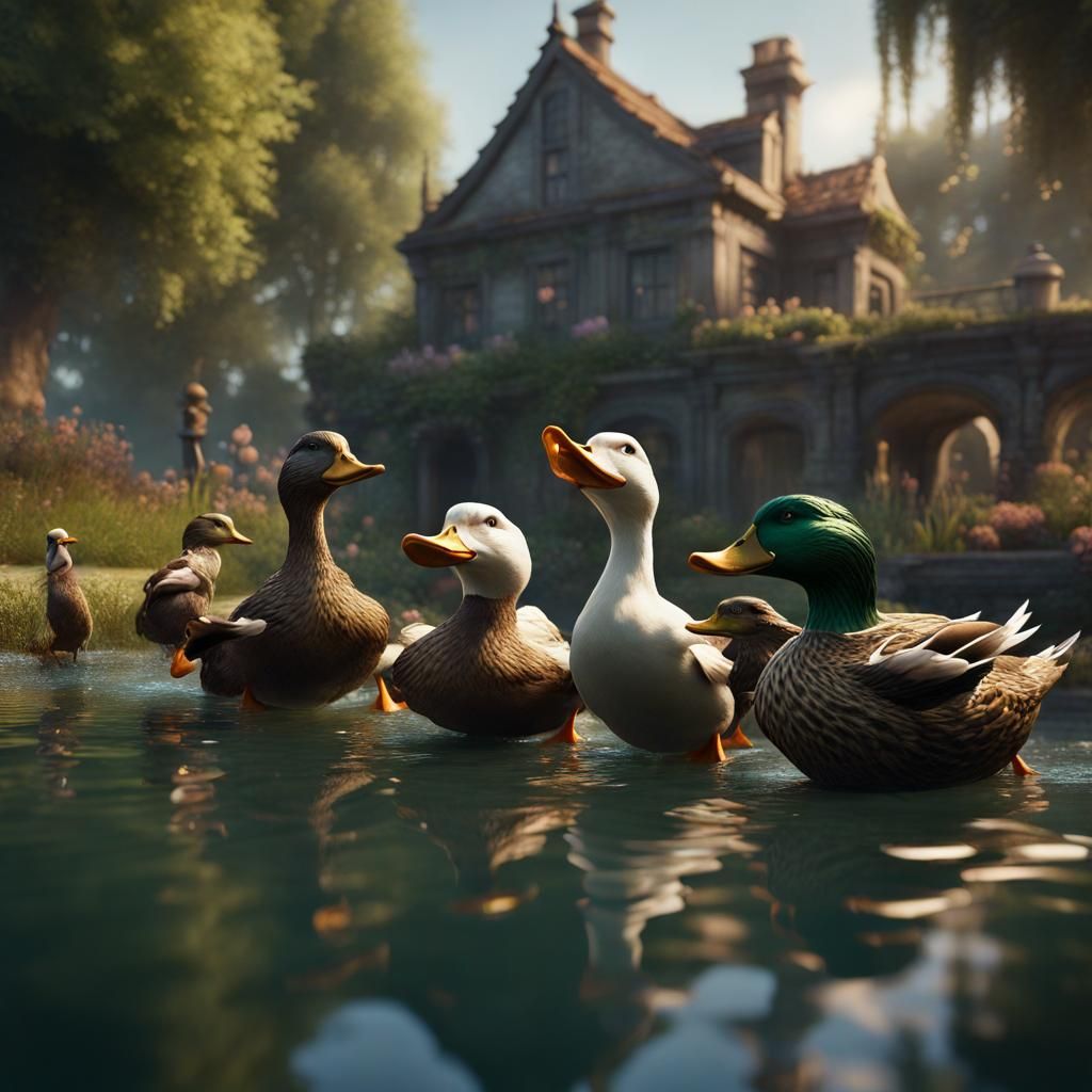 Duck Gang Evades Dog in Pond: Fantasy Art