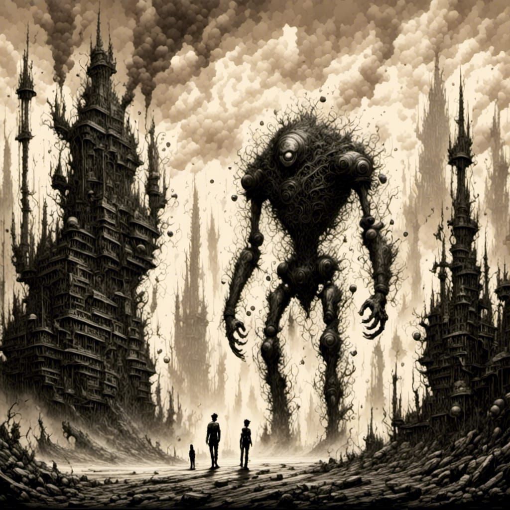 Creepy Monster Walks Toward Windmill in Comic Style