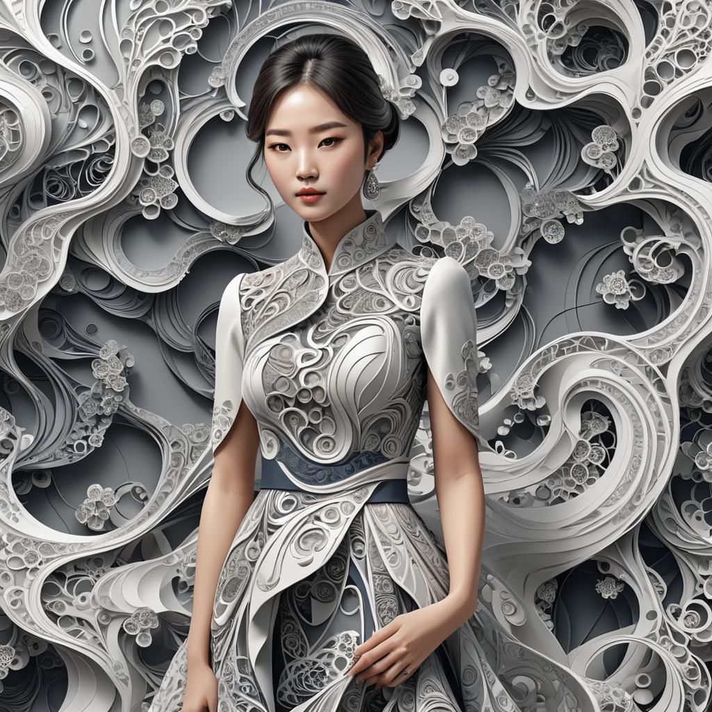 Korean Girl at Tech Conference with Abstract Fractals