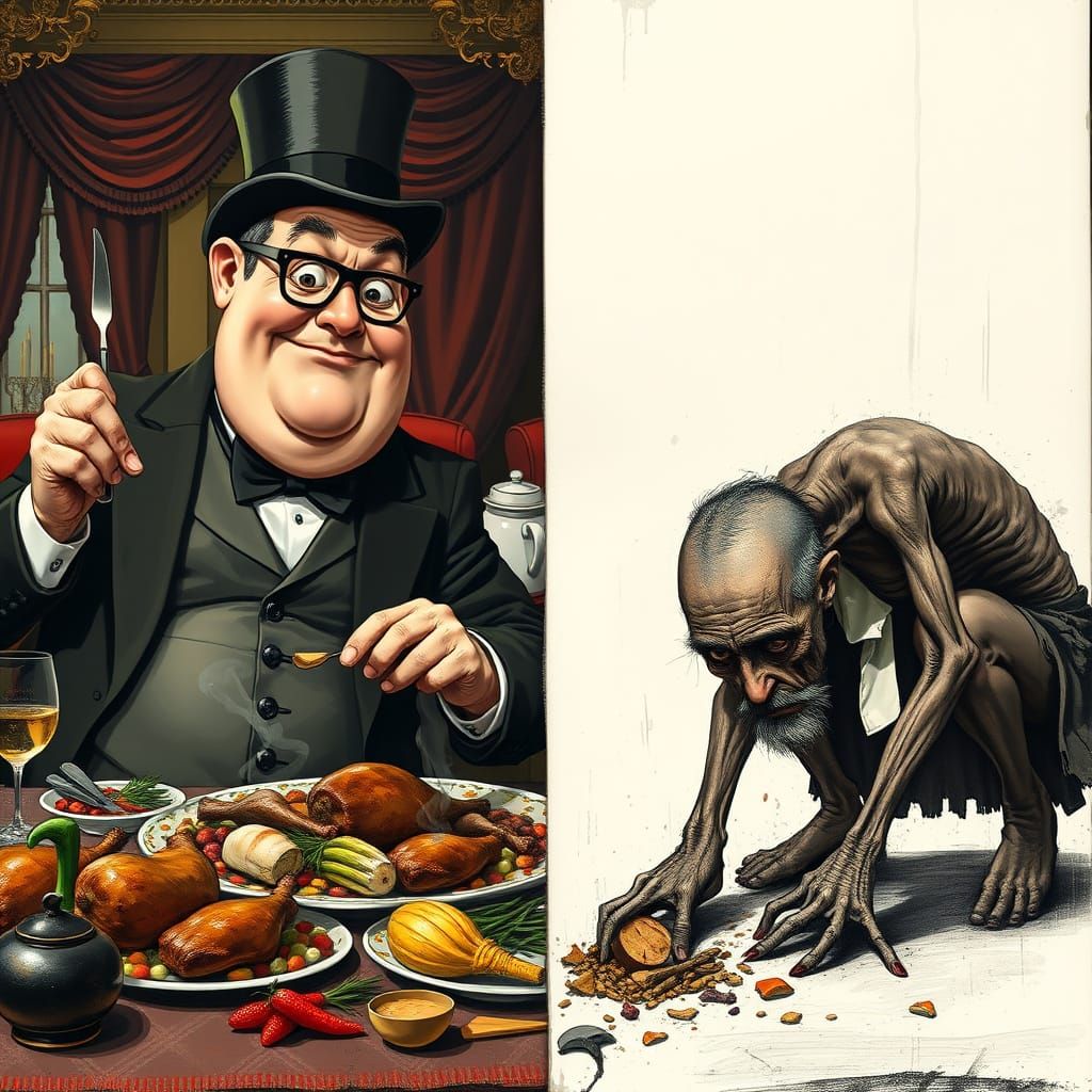 Wealthy Gentleman Amidst Scarcity in Gritty Social Commentar...