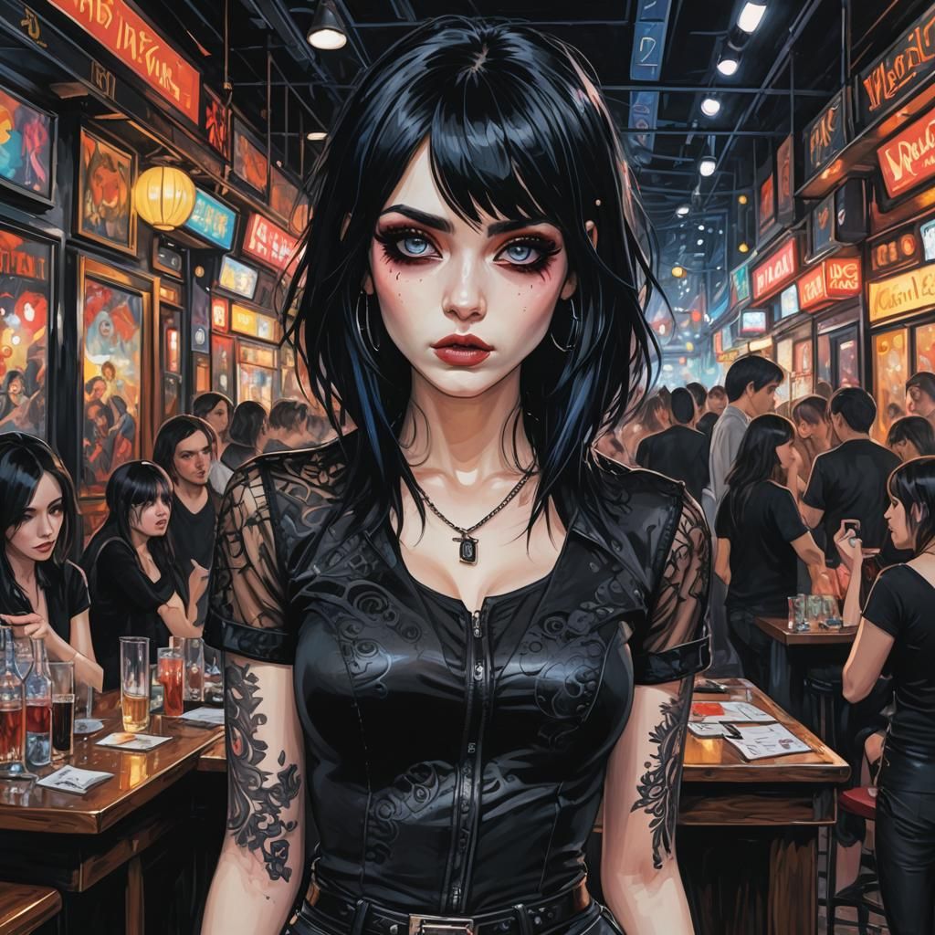 Emo Goth Woman in Night Club Sketch