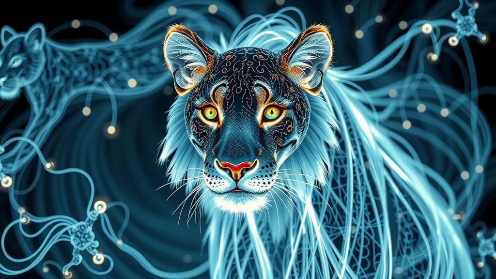 Luminous Optical Fiber Cat in Fractal Lion Vortex